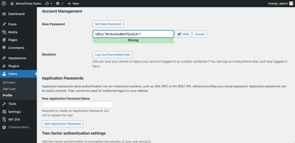 WordPress user profile's account management section with the 'New Password' field showing a strong password and 'Set New Password' button.