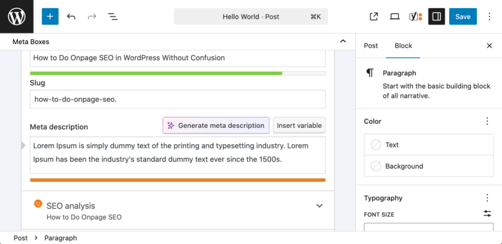 WordPress editor interface displaying meta boxes for on-page SEO optimization, including slug, meta description, and SEO analysis.