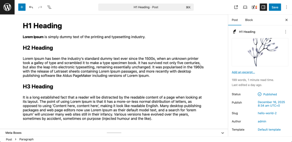 WordPress editor showing H1, H2, and H3 headings, a key element for effective onpage SEO optimization within Gutenberg.
