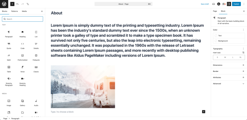 WordPress Gutenberg page editor interface showing content blocks, page settings, and publishing options to edit a page.