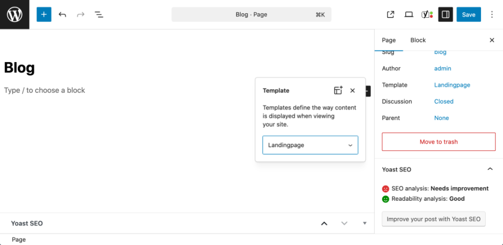 WordPress page editor displaying settings for templates, discussion, and Yoast SEO analysis to help edit your page.