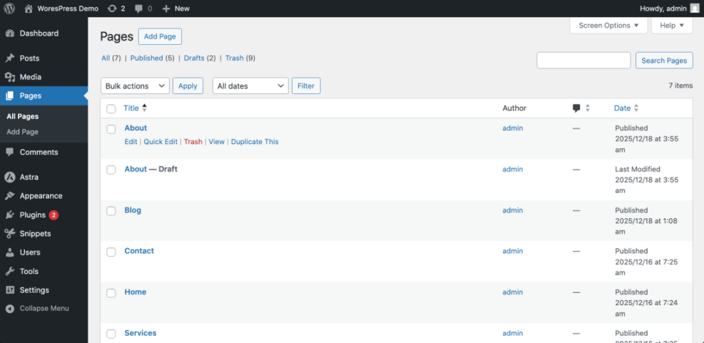 WordPress Pages list screen highlighting the 'About' page with the 'Duplicate This' action link visible for content replication.