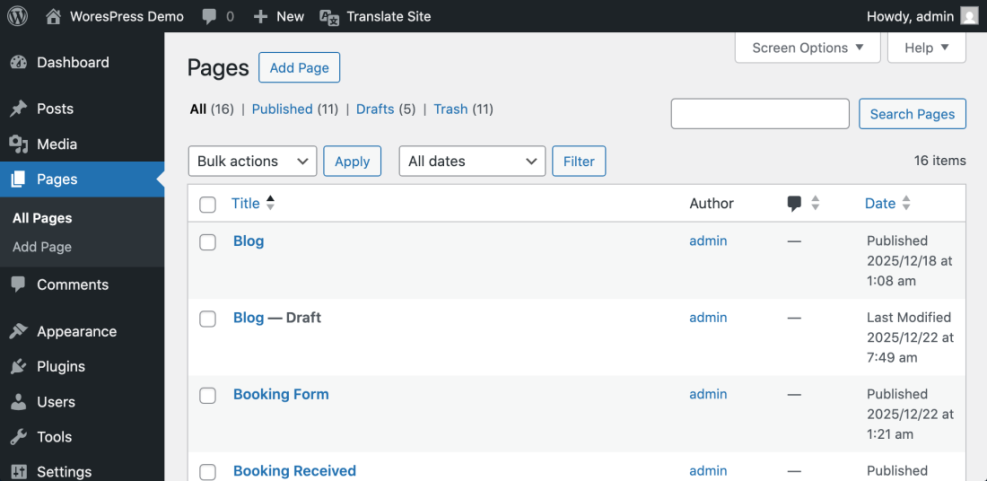 WordPress admin dashboard showing the 'Pages' list with published and draft pages, including 'Blog' and 'Booking Form', an essential view for learning how to delete a page in WordPress.