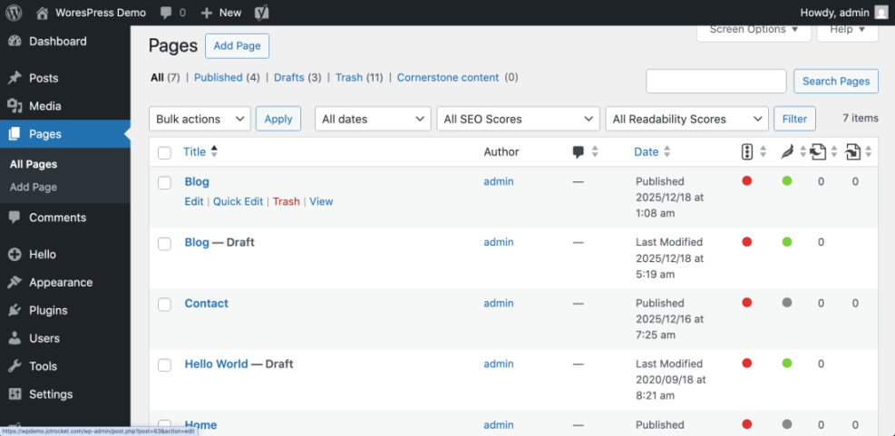 WordPress dashboard displaying the 'All Pages' list, showing various page statuses and details, relevant for managing page visibility.