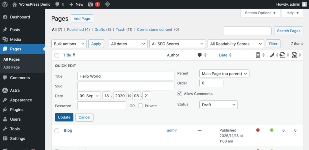 WordPress admin area displaying the Quick Edit feature for a 'Hello World' page, showing fields for title, slug, date, and status.