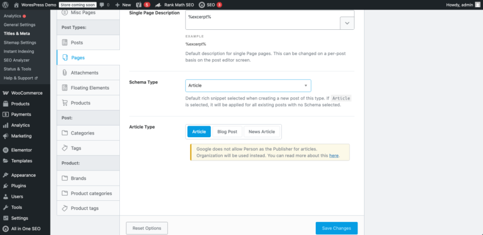 WordPress SEO settings for Pages schema markup, showing the 'Article' type selected for improved rich snippets.