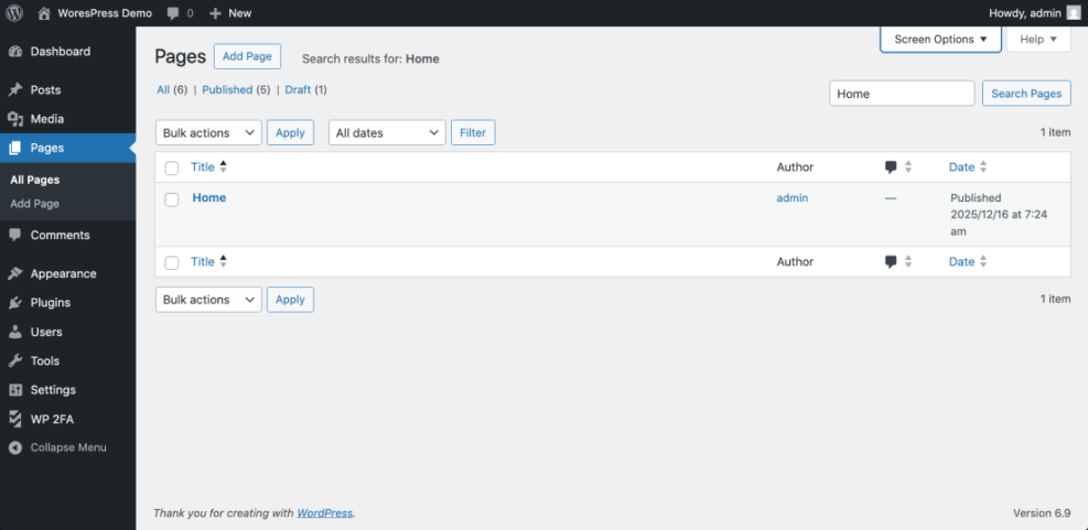 WordPress Pages screen displaying search results for the 'Home' page, useful for locating a single page to export.
