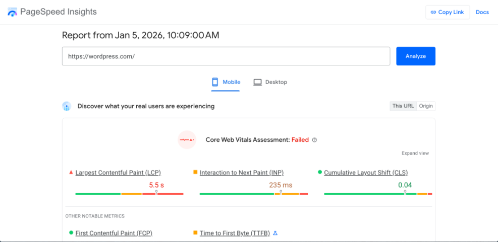 Google PageSpeed Insights report for wordpress.com showing failed Core Web Vitals on mobile with poor LCP and INP, indicating the need for WordPress speed optimization.
