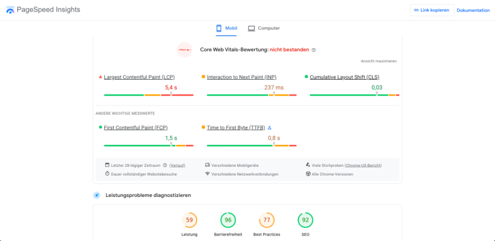 Google PageSpeed Insights mobile report showing failed Core Web Vitals and poor WordPress performance due to a slow 5.4s LCP.