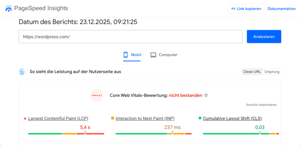 PageSpeed Insights mobile report for WordPress showing Core Web Vitals failed, with 5.4s LCP, crucial for making WordPress faster.