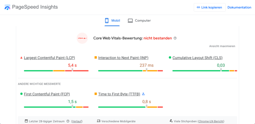 PageSpeed Insights report for a WordPress site showing failed Core Web Vitals, with a poor Largest Contentful Paint (LCP) of 5.4 seconds.
