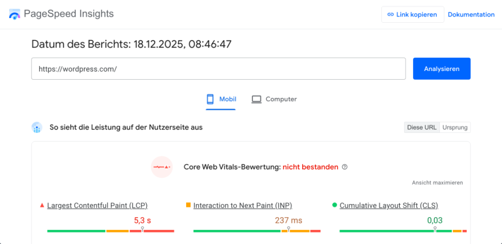 Google PageSpeed Insights report for wordpress.com showing a failed Core Web Vitals assessment on mobile with a slow Largest Contentful Paint.