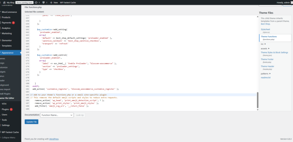 Editing WordPress functions.php file in the Theme Editor to optimize performance by disabling emoji scripts and styles.