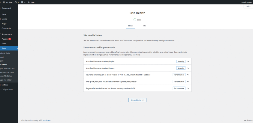 WordPress Site Health status showing 5 recommended improvements for performance and security, including PHP version update and caching.