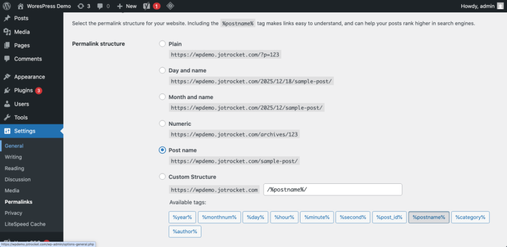 WordPress Permalinks settings page displaying the "Post name" option selected, recommending it for SEO-friendly URLs when starting a WordPress website.
