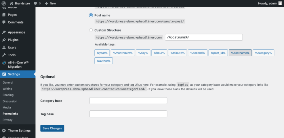 WordPress permalink settings showing 'Post name' structure, options for custom URLs with tags, and fields for category/tag bases.
