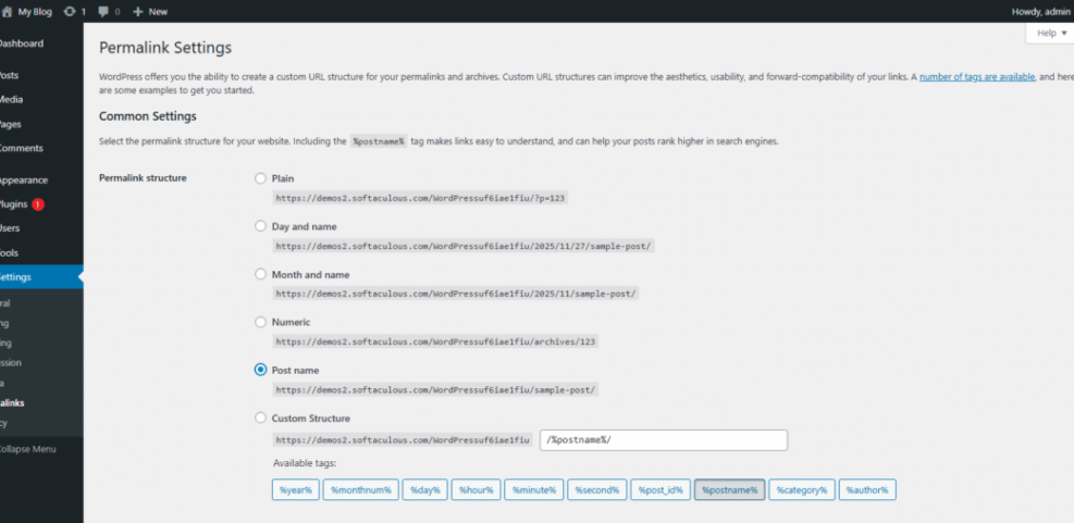 WordPress Permalink Settings page showing "Post name" selected for SEO-friendly URLs. The custom structure input also uses %postname%.