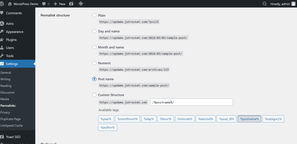 WordPress permalink settings showing the 'Post name' option selected for an SEO-friendly URL structure, illustrating where to configure permalinks.