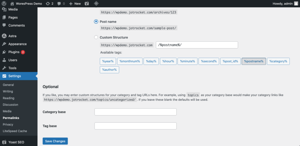 WordPress Permalinks settings screenshot with the 'Post name' option selected, illustrating how to set SEO-friendly URLs for a new blog.