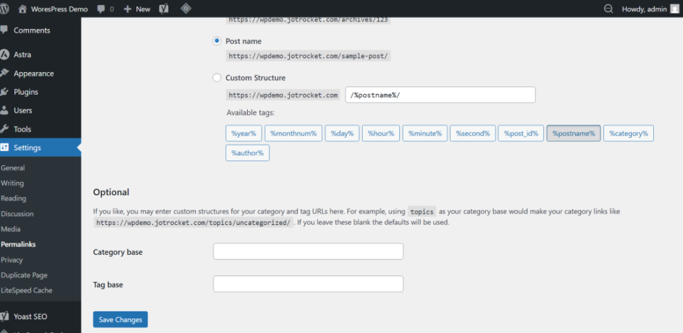 WordPress Permalinks settings page showing 'Post name' structure selected, ideal for SEO, and options for category and tag bases.