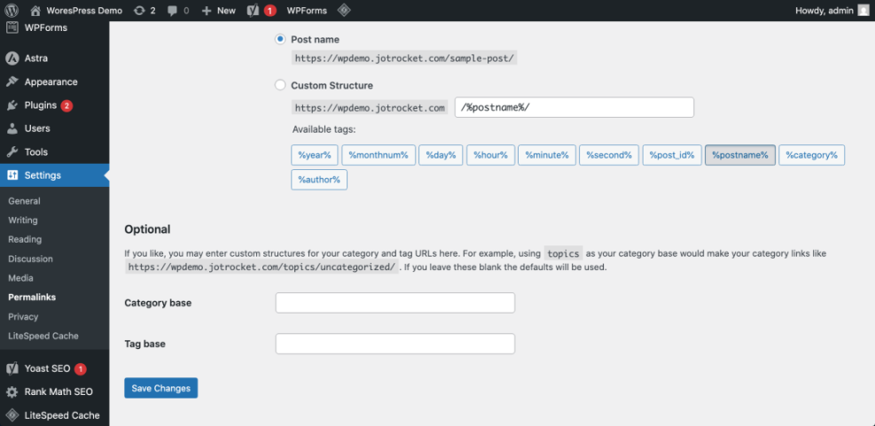 WordPress permalinks settings page with the 'Post name' structure selected, ideal for creating SEO-friendly slugs.
