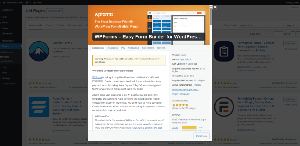 WordPress 'Add Plugins' screen showing WPForms plugin details, illustrating how to install a plugin in WordPress.