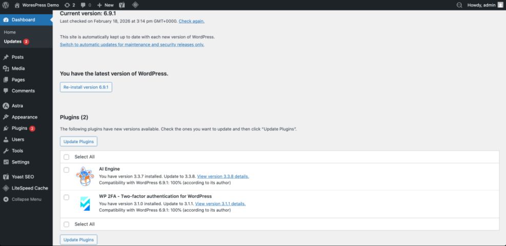 WordPress Updates dashboard showing AI Engine and WP 2FA plugins needing updates, compatible with WordPress 6.9.1.