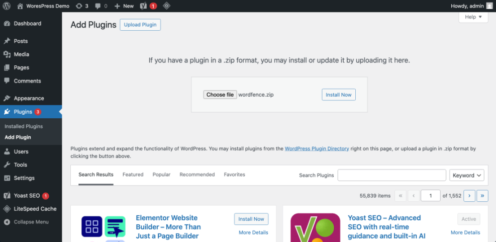 WordPress 'Add Plugins' screen showing how to install a plugin by uploading a wordfence.zip file and browsing the plugin directory.