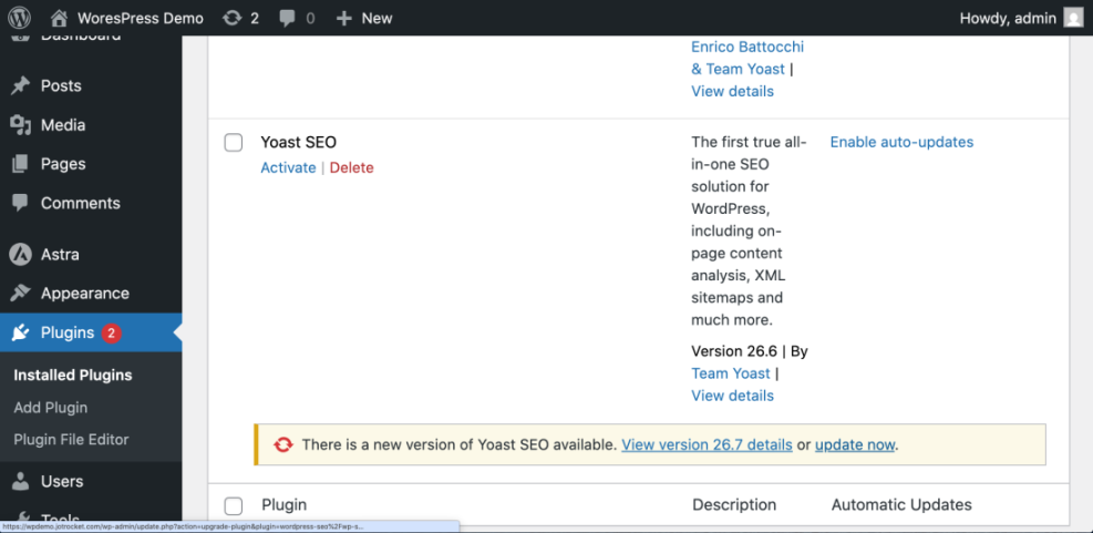 WordPress dashboard showing the Plugins menu selected and the Yoast SEO plugin listed with version 26.6 and an update notification to 26.7.