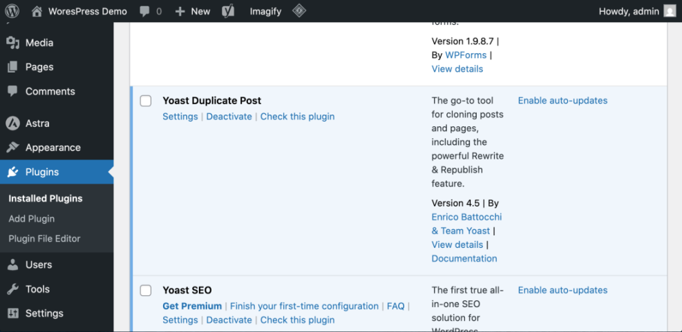 WordPress Plugins screen showing the Yoast Duplicate Post plugin activated, illustrating how to duplicate a post or page.