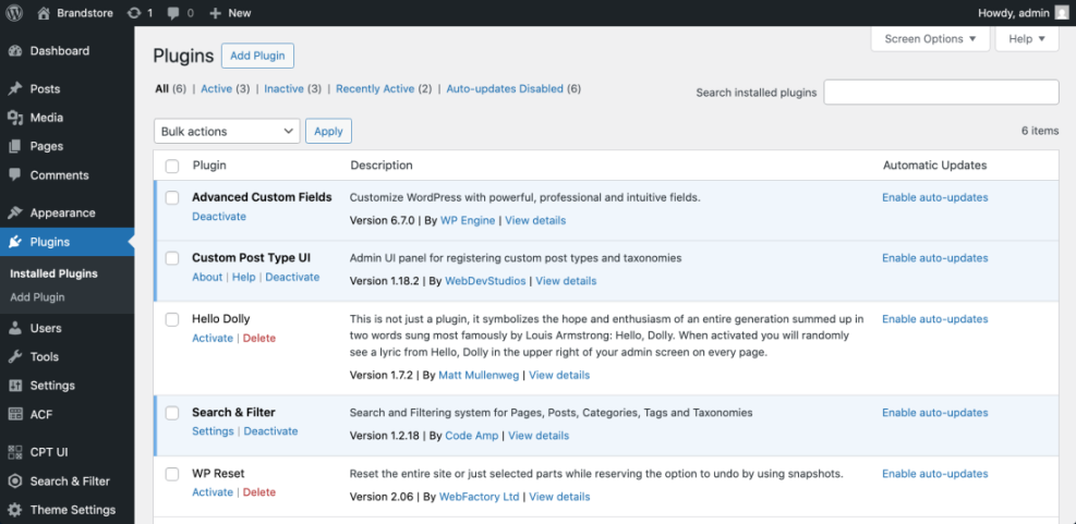 WordPress Plugins page displaying essential tools like Advanced Custom Fields, Custom Post Type UI, and Search & Filter for a searchable database.
