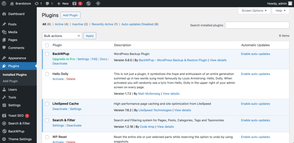 WordPress admin dashboard showing a list of installed plugins like BackWPup, LiteSpeed Cache, and Hello Dolly, with management options.