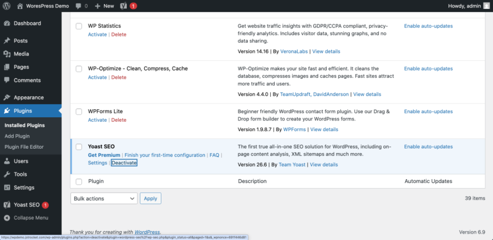 WordPress installed plugins list showing Yoast SEO as active with the 'Deactivate' option, demonstrating how to use WordPress plugins.
