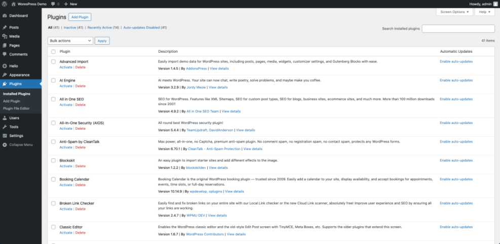 WordPress Plugins dashboard page displaying installed plugins with update management options and 'Enable auto-updates' links for each.