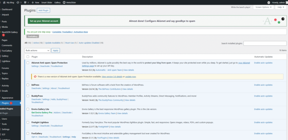 WordPress plugins dashboard screenshot showing Akismet Anti-spam update available, crucial for security and maintaining site performance.