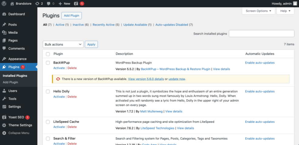 WordPress plugins screen displaying installed plugins like BackWPup with an update available, and options for managing plugins.