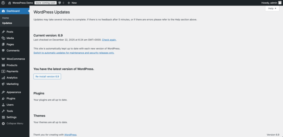 WordPress Updates screen with current version 6.9, showing 'Your plugins are all up to date' message to check plugin status.