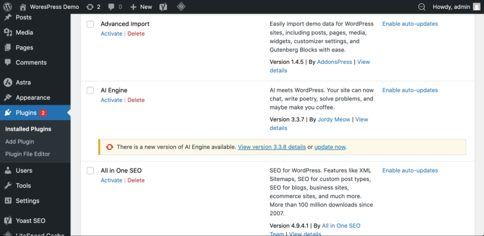 WordPress plugins dashboard showing an update notification for the AI Engine plugin, prompting an update to version 3.3.8.