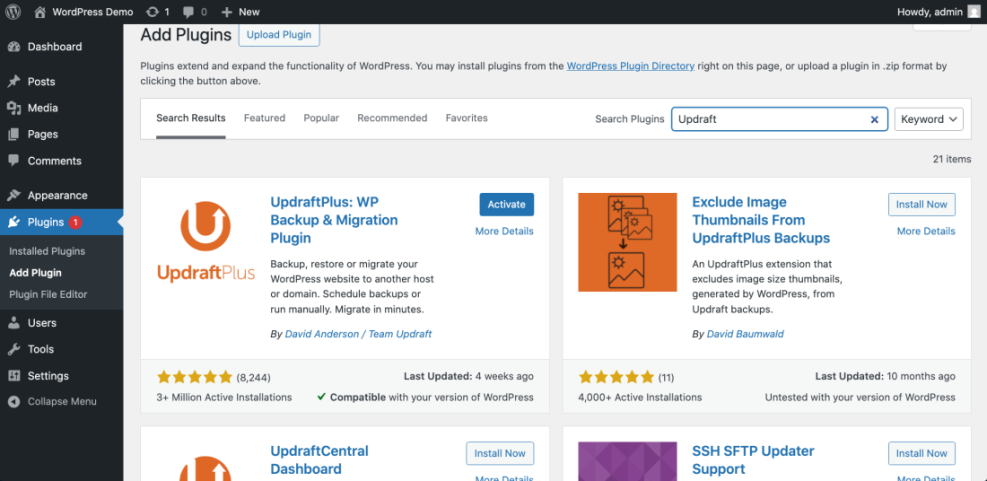 WordPress 'Add Plugins' screen with UpdraftPlus search results, illustrating how easy it is to find and activate essential backup plugins.