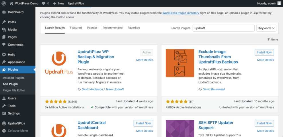 WordPress dashboard showing the 'Add Plugins' screen with the UpdraftPlus backup and migration plugin active, demonstrating essential WordPress functionality.