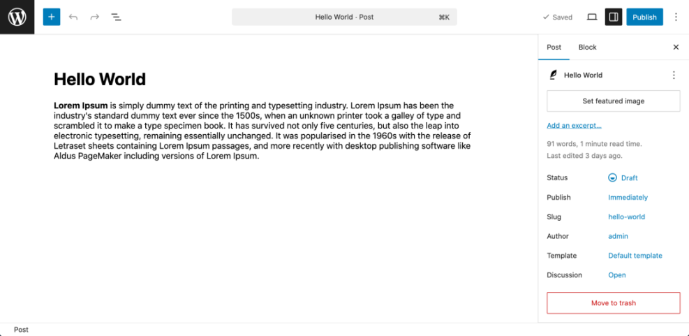 WordPress Gutenberg editor interface displaying a 'Hello World' post and content management settings, showing how easy is WordPress to use.