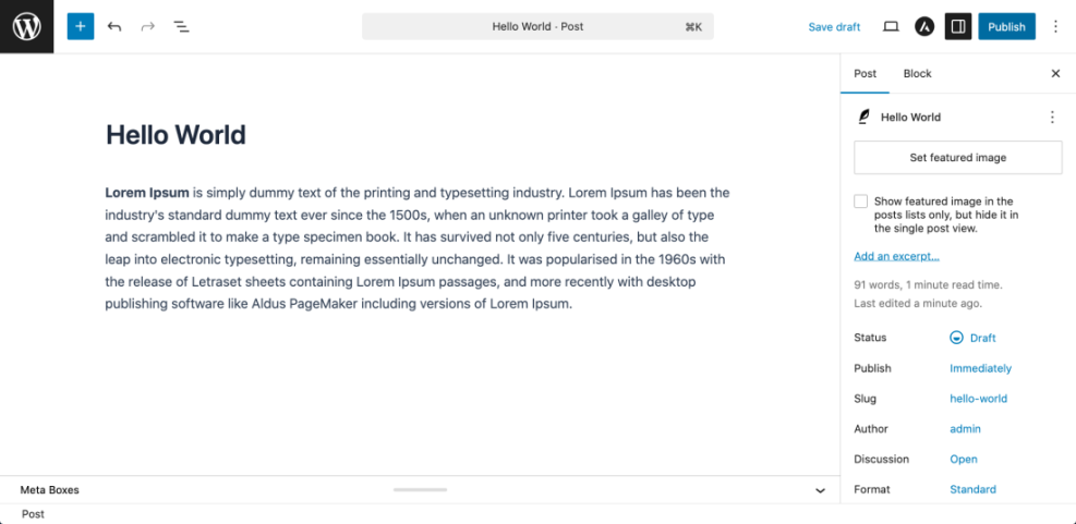 WordPress Gutenberg post editor showing a 'Hello World' draft, with post settings for featured image, status, slug, and publish options.