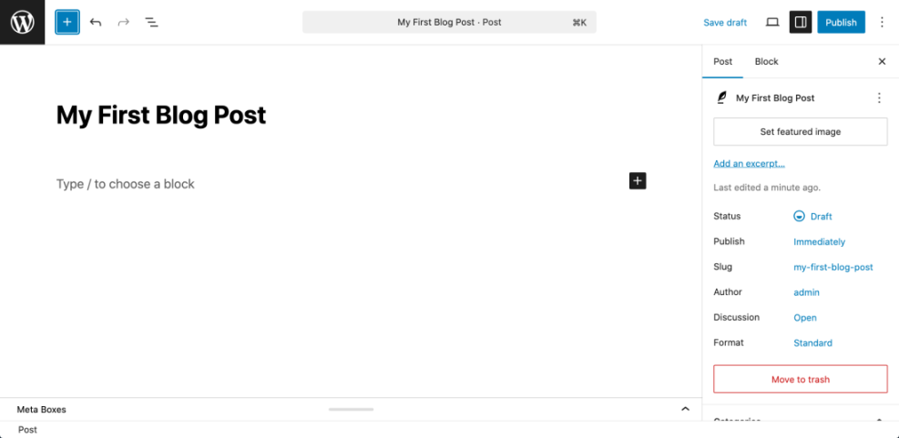 WordPress Gutenberg post editor for drafting new content. Shows a blog post titled 'My First Blog Post' with essential post settings.