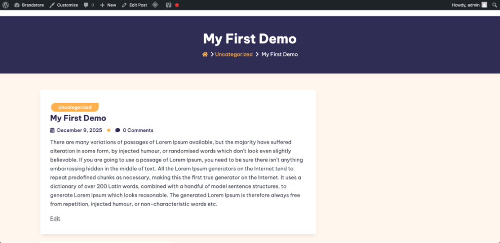 WordPress admin view of a post page, titled 'My First Demo', showing the 'Edit Post' option and content area, demonstrating where to save changes.