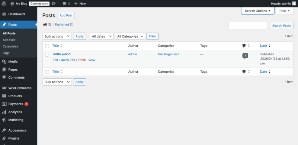 WordPress admin dashboard Posts list screen, displaying published content, 'Add Post' button, and content management filters.