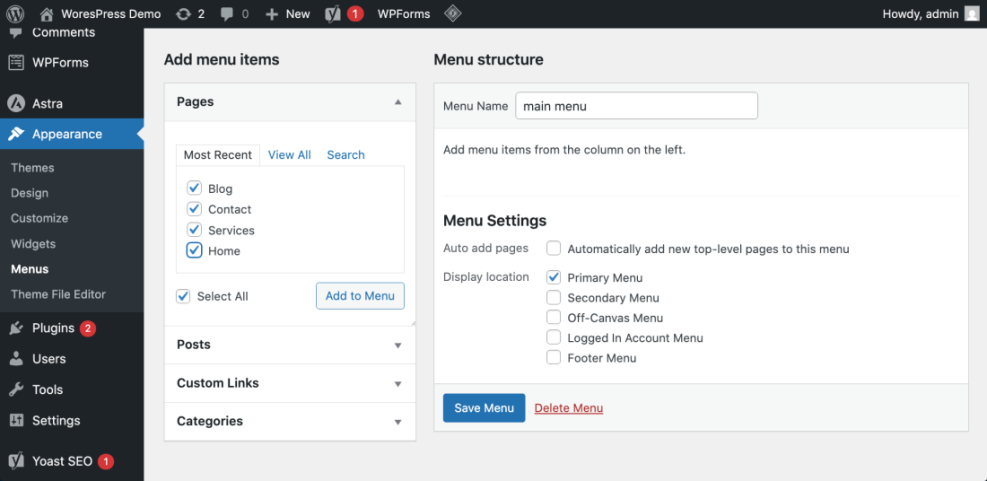 WordPress primary menu setup screen, showing pages like Home, Blog, Contact, and Services being added to the main navigation for a website.