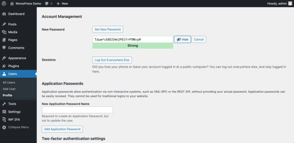 WordPress Profile screen for changing passwords, showing the 'New Password' field with a strong generated password.