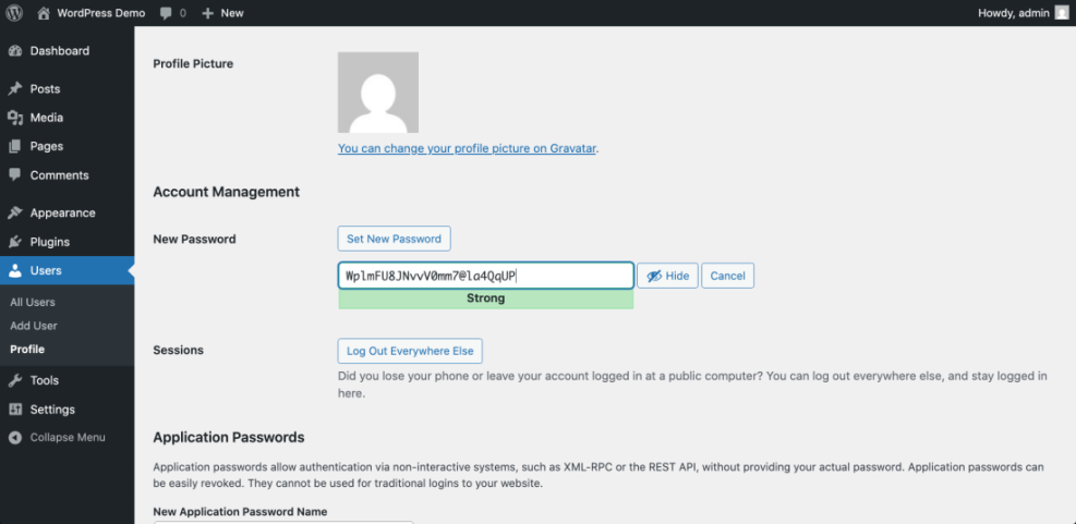 WordPress profile screen showing the new password field with a strong password entered for secure account management.