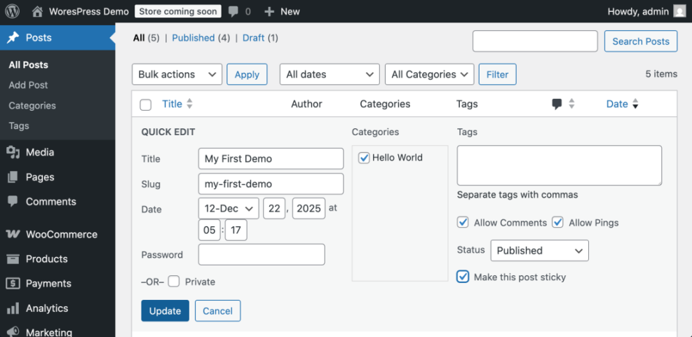 WordPress Quick Edit screen showing the 'Make this post sticky' checkbox selected, demonstrating how to make a post sticky.