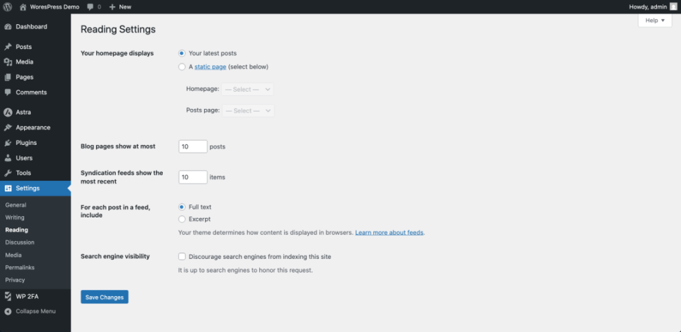 WordPress Reading Settings page displaying options for homepage display, posts per page, feed content, and search engine visibility.